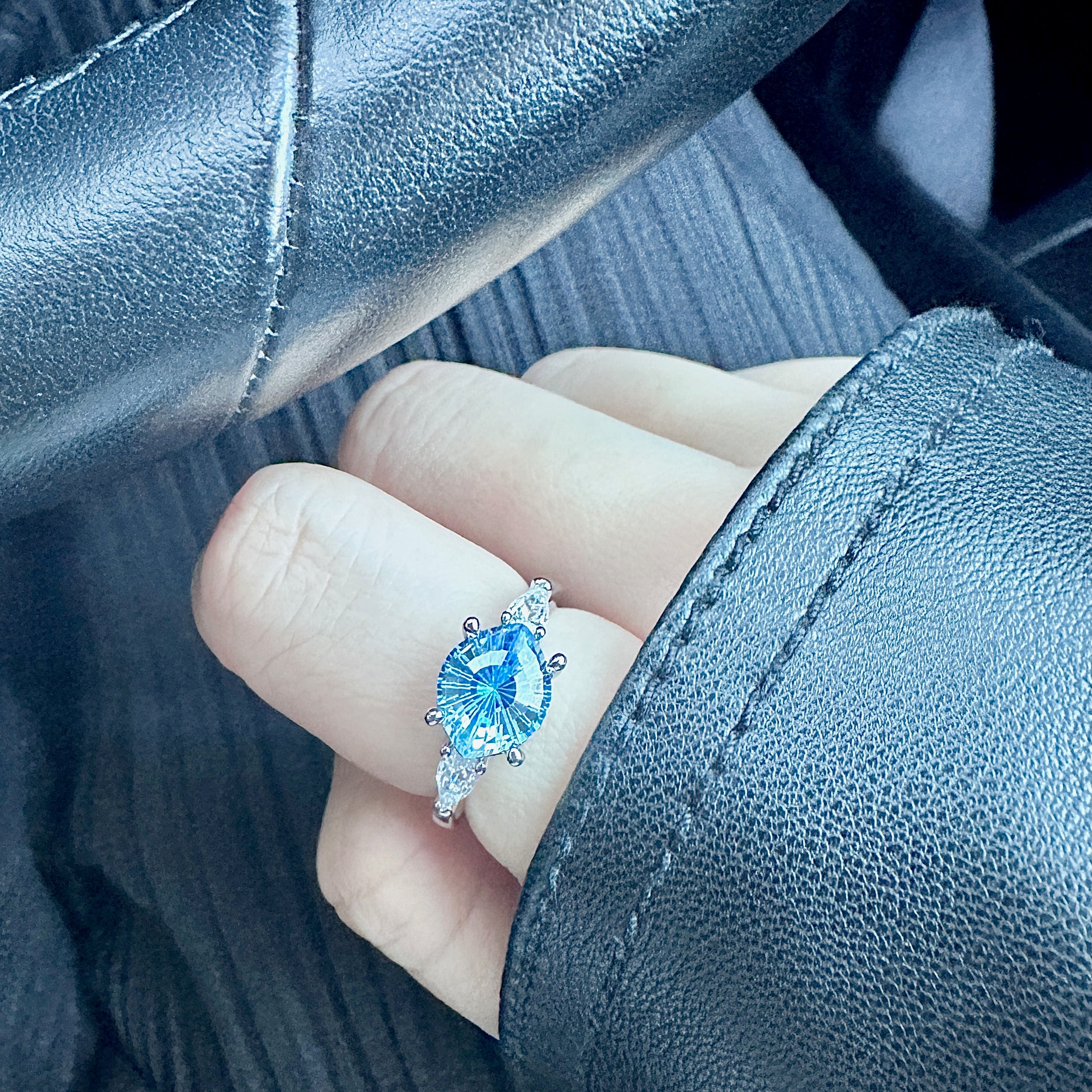 Blue Aquamarine-Style Pear Ring | Three-Stone Marquise Accent Ring