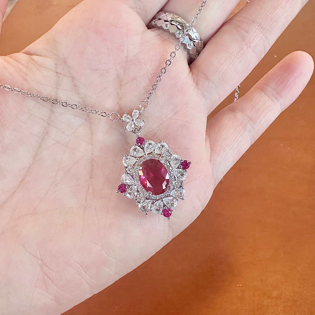 Pink Ruby-Style Snowflake Pendant Necklace