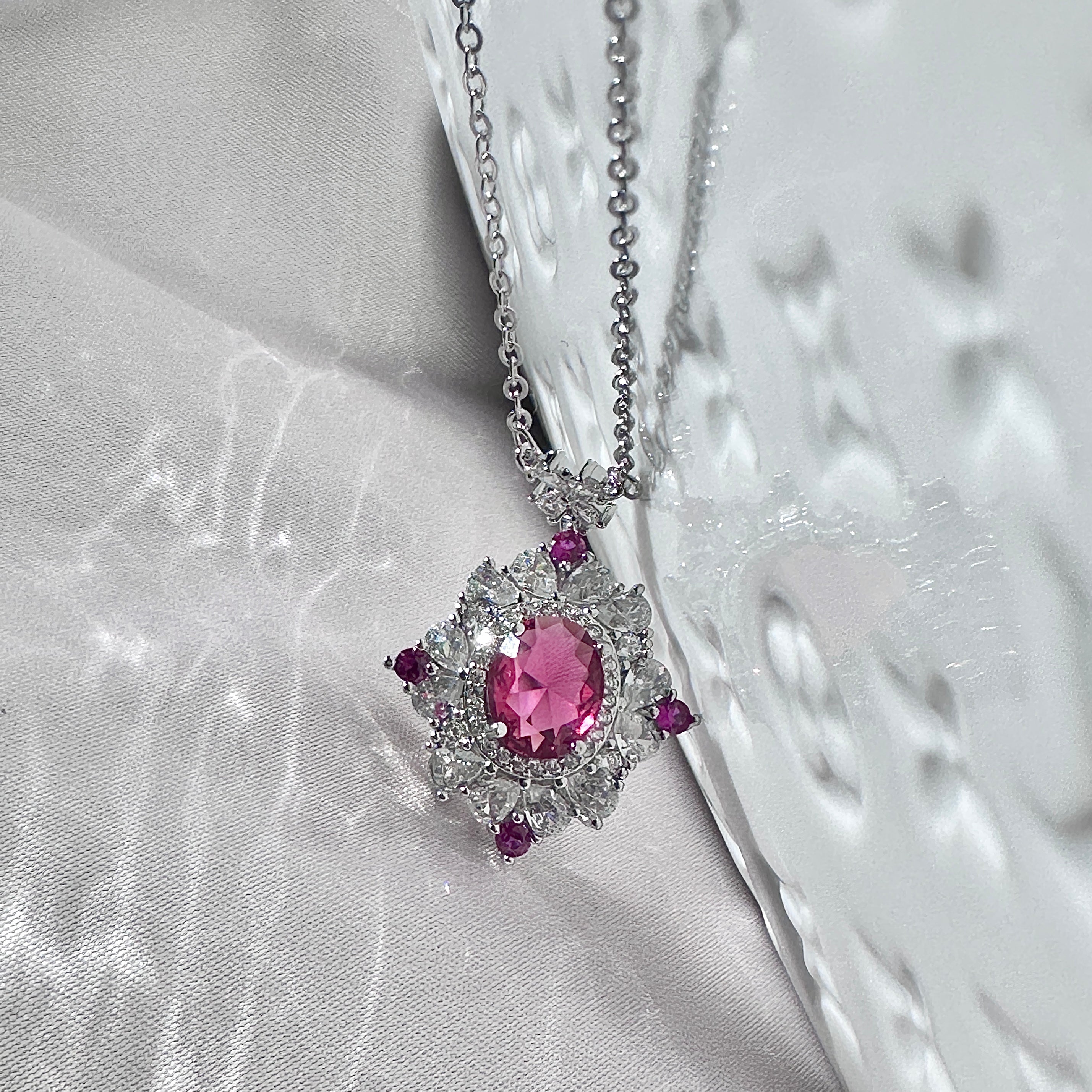 Pink Ruby-Style Snowflake Pendant Necklace