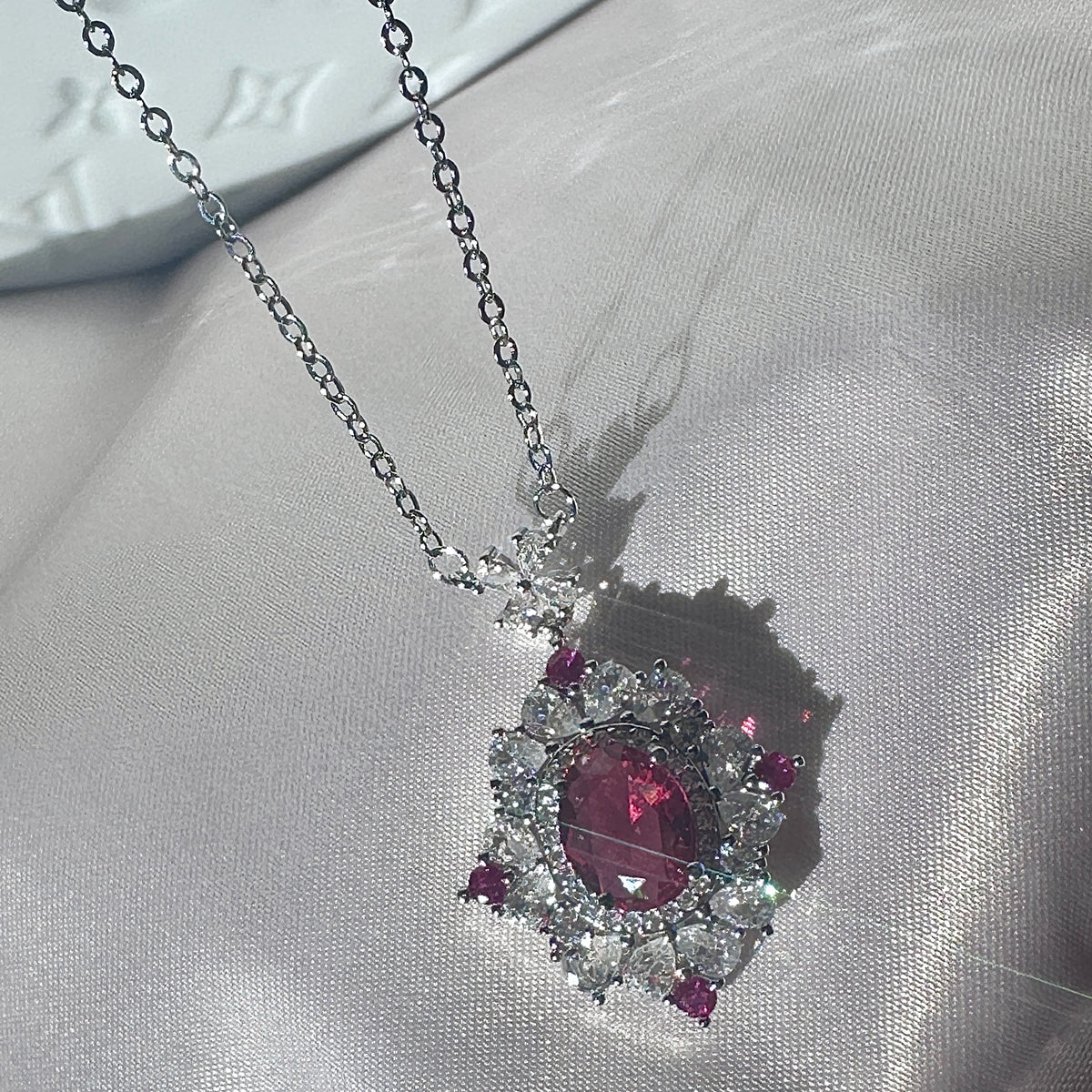 Pink Ruby-Style Snowflake Pendant Necklace