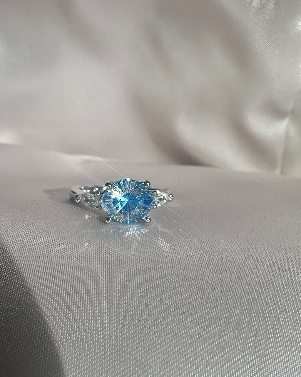 Blue Aquamarine-Style Pear Ring | Three-Stone Marquise Accent Ring