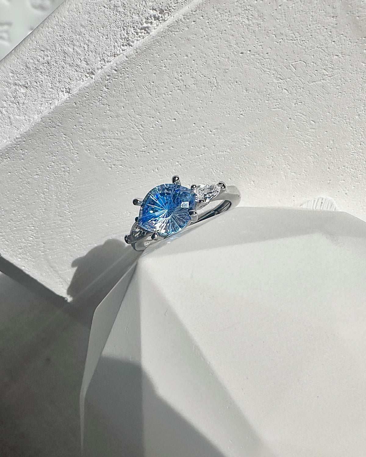 Blue Aquamarine-Style Pear Ring | Three-Stone Marquise Accent Ring