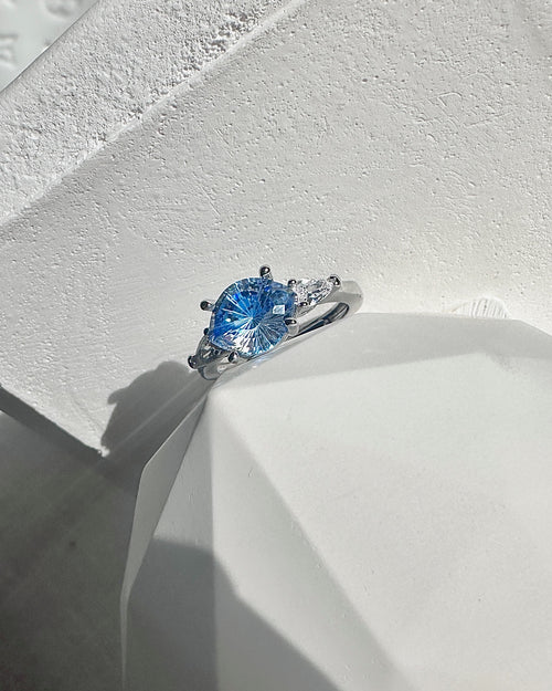 Blue Aquamarine-Style Pear Ring | Three-Stone Marquise Accent Ring
