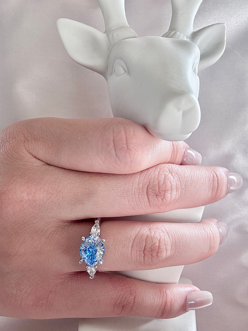 Blue Aquamarine-Style Pear Ring | Three-Stone Marquise Accent Ring