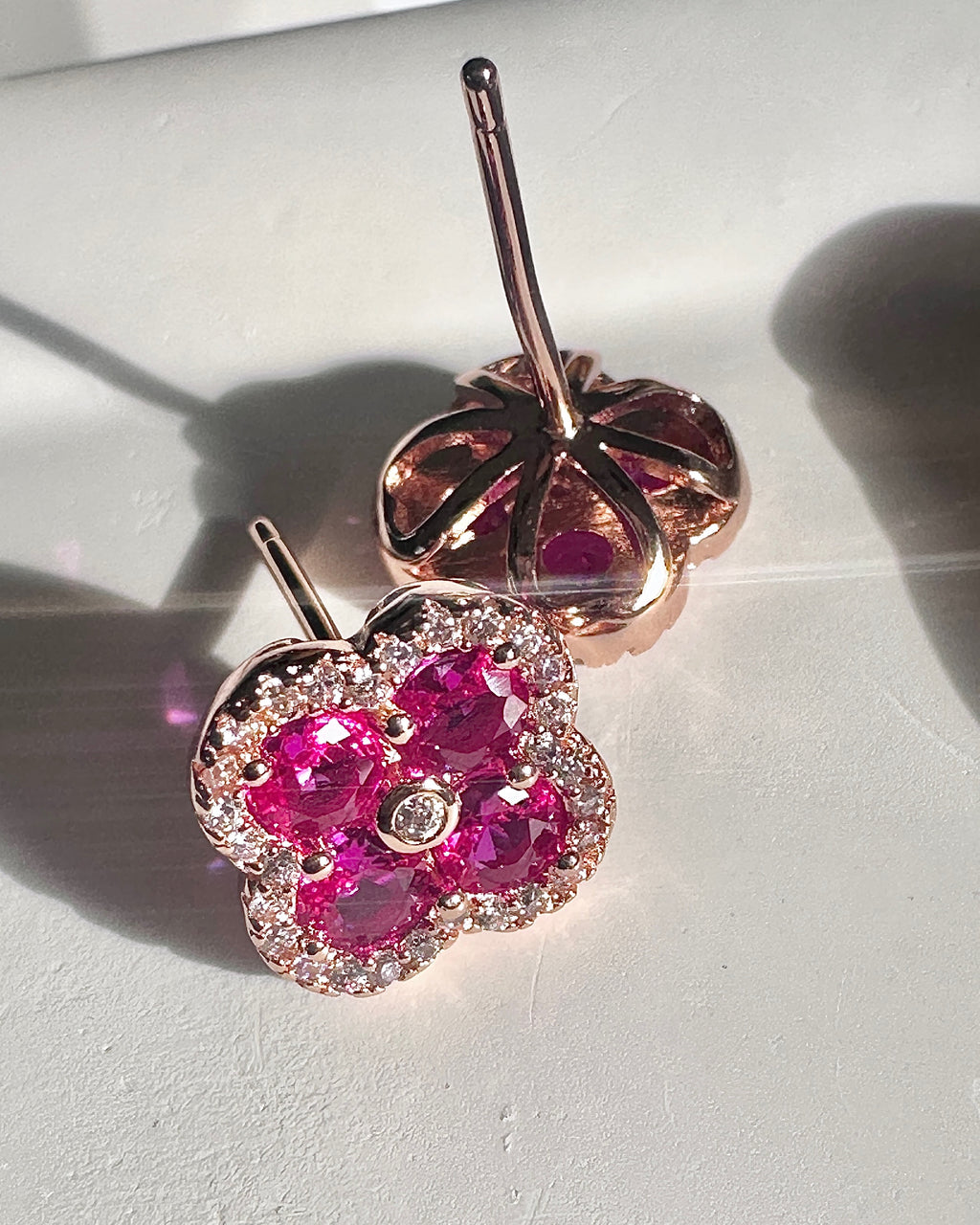 Rose Gold Ruby Clover Studs