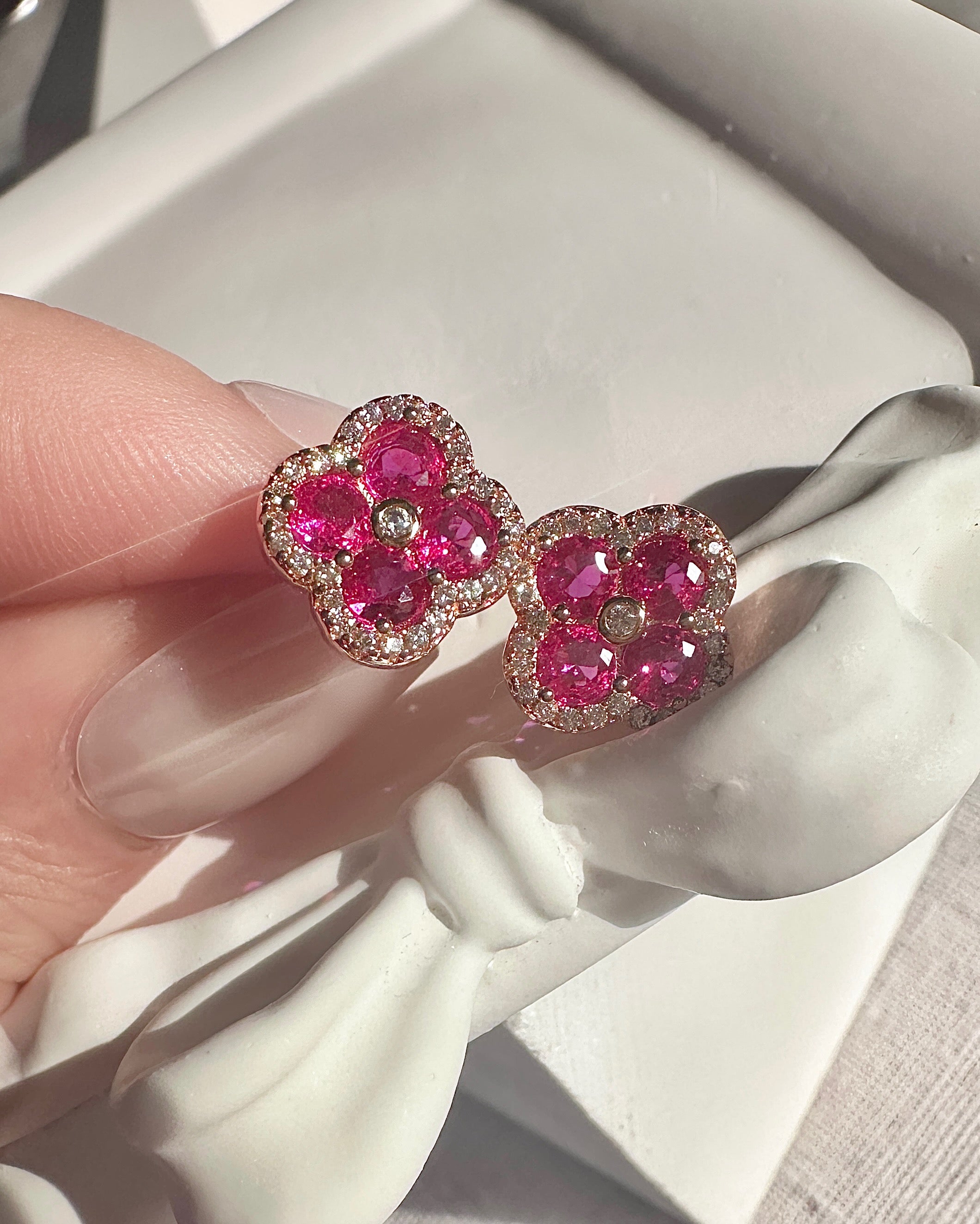Rose Gold Ruby Clover Studs