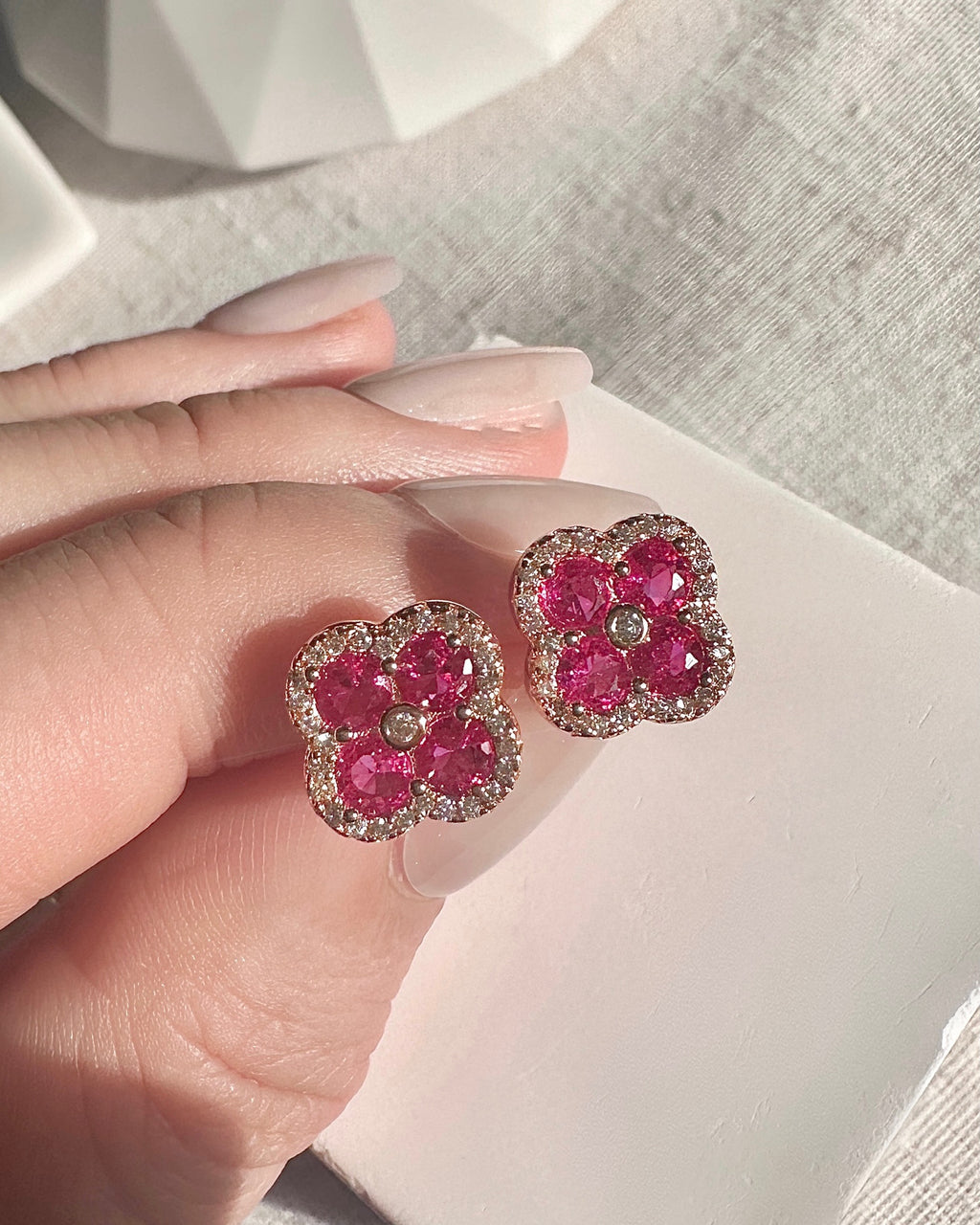 Rose Gold Ruby Clover Studs