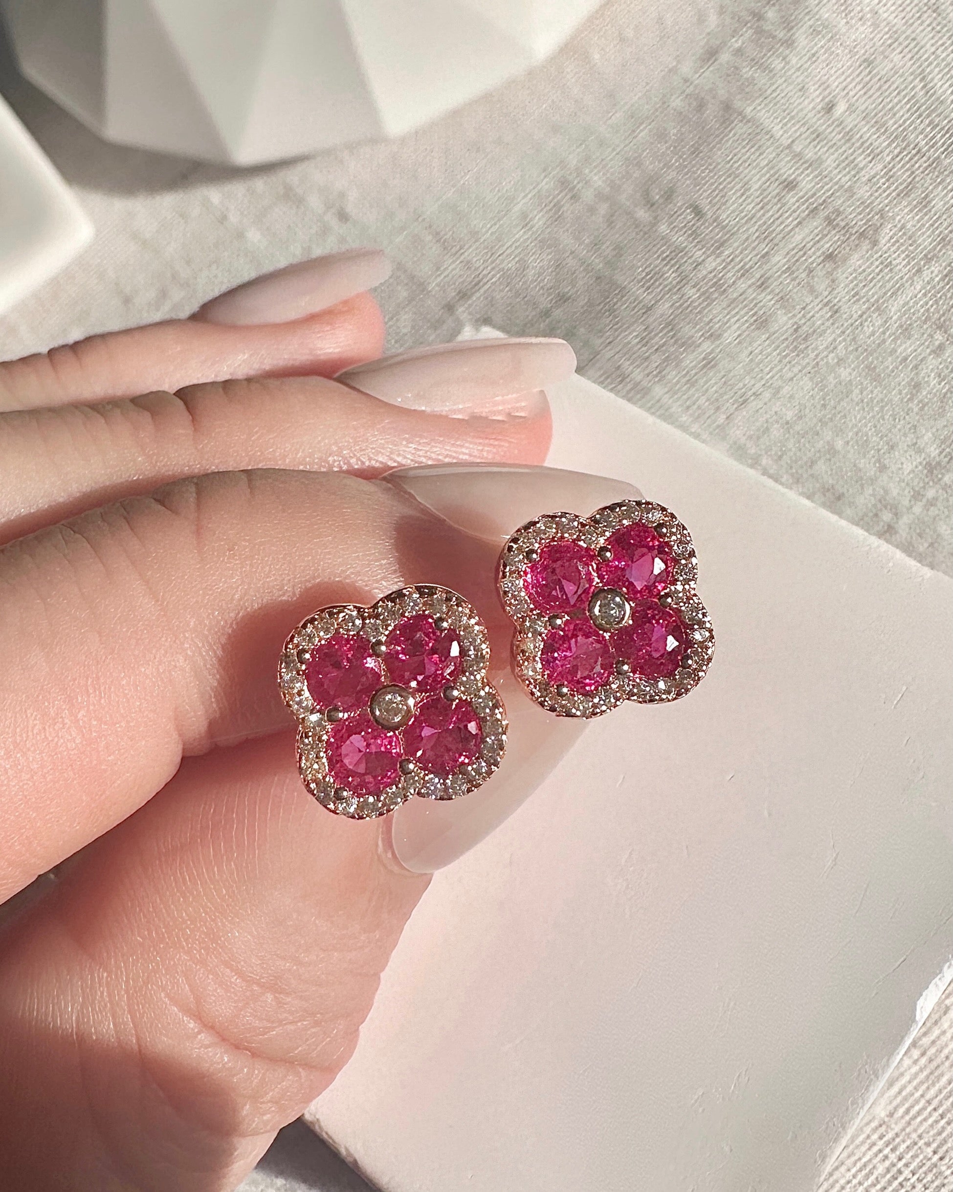 Rose Gold Ruby Clover Studs