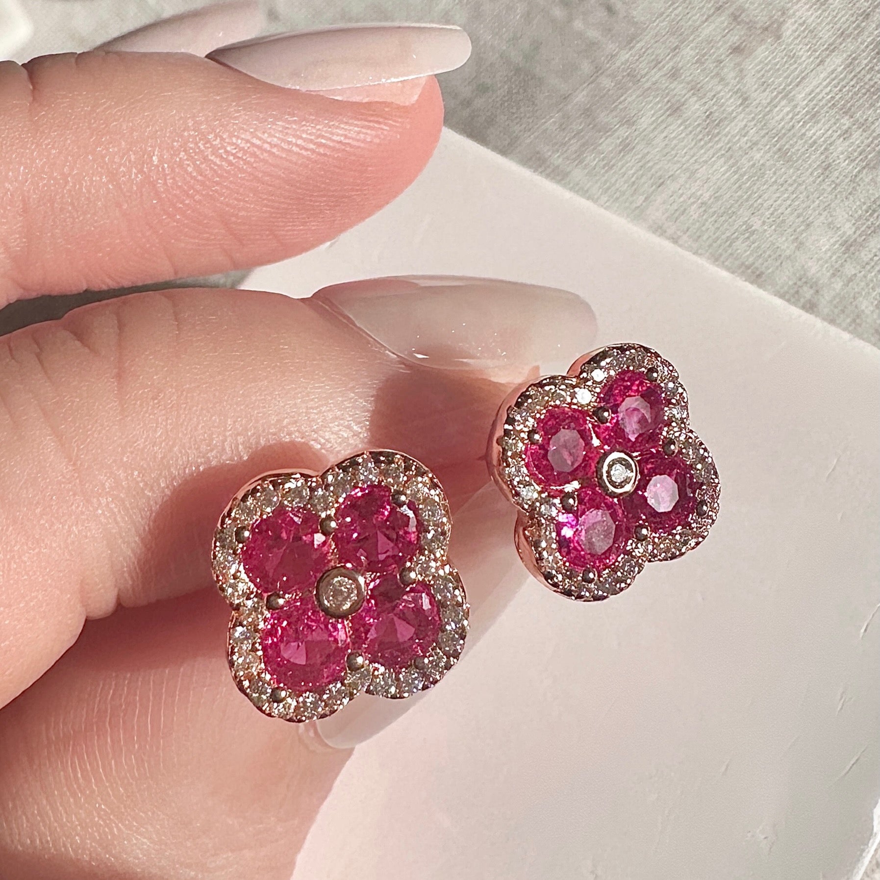 Rose Gold Ruby Clover Studs