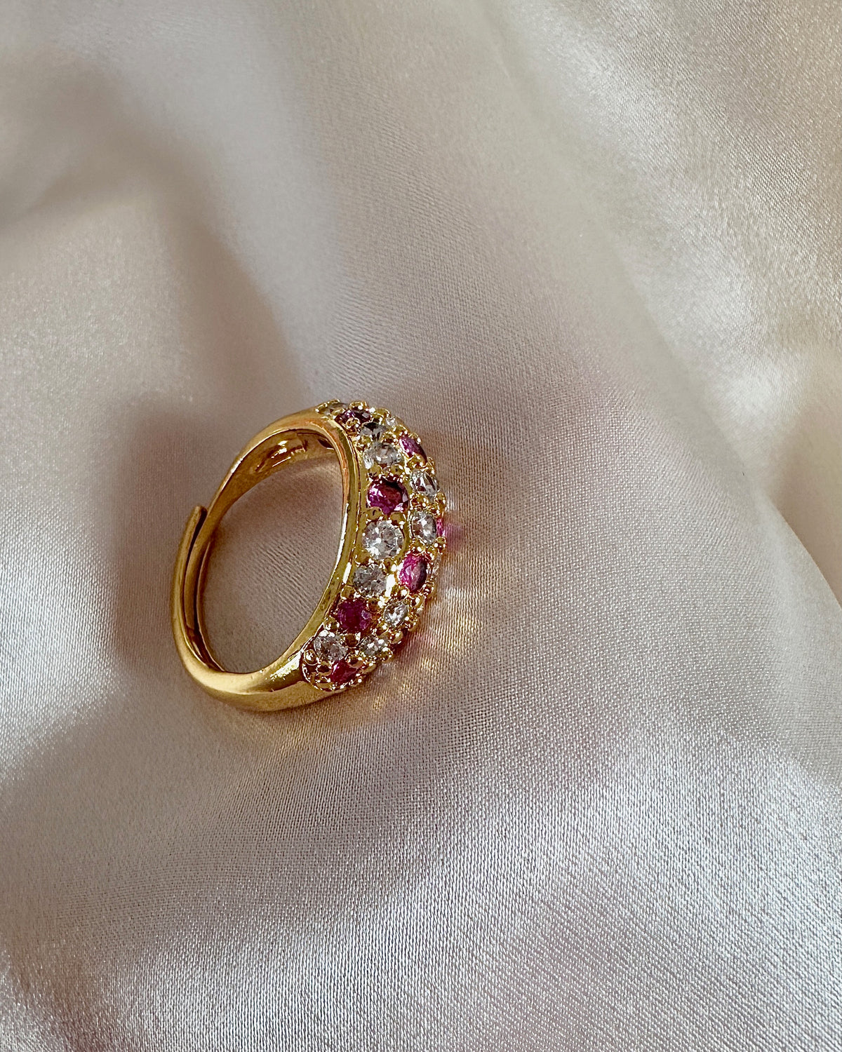 Vintage Ruby Diamond Dome Ring | Gold Pavé Bombe Band | Antique Style Cluster Ring