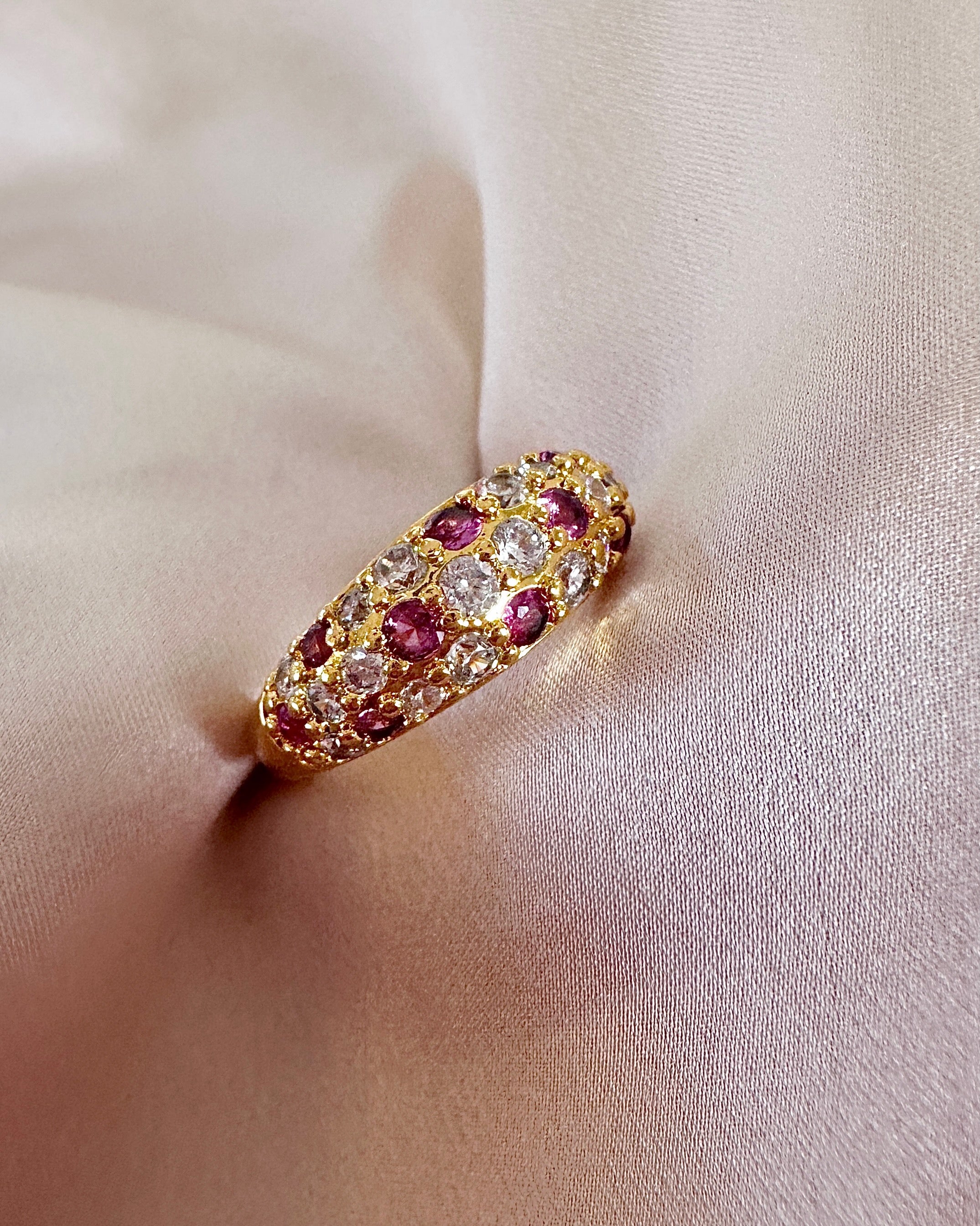 Vintage Ruby Diamond Dome Ring | Gold Pavé Bombe Band | Antique Style Cluster Ring