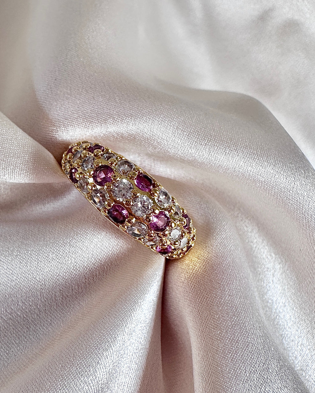 Vintage Ruby Diamond Dome Ring | Gold Pavé Bombe Band | Antique Style Cluster Ring