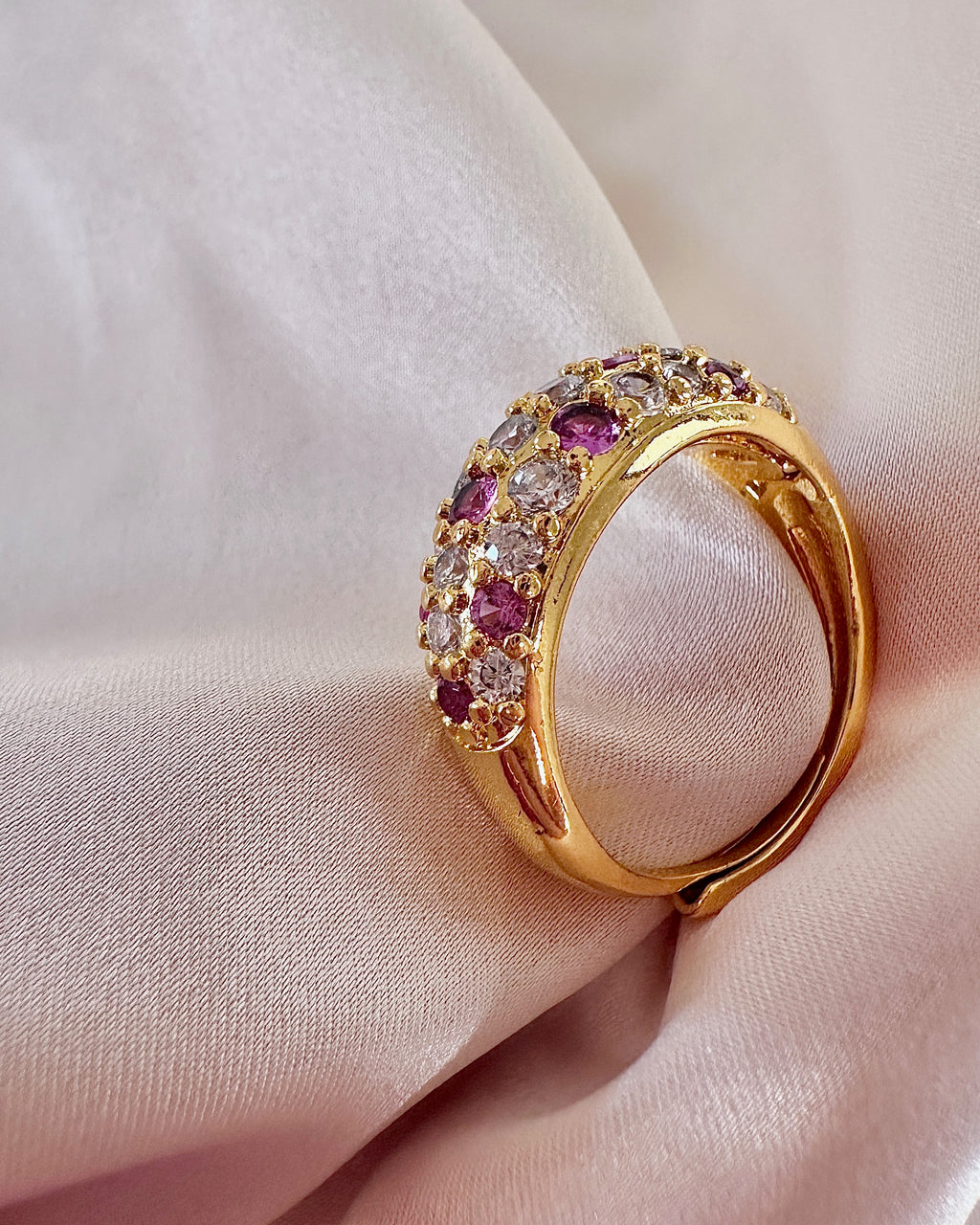 Vintage Ruby Diamond Dome Ring | Gold Pavé Bombe Band | Antique Style Cluster Ring