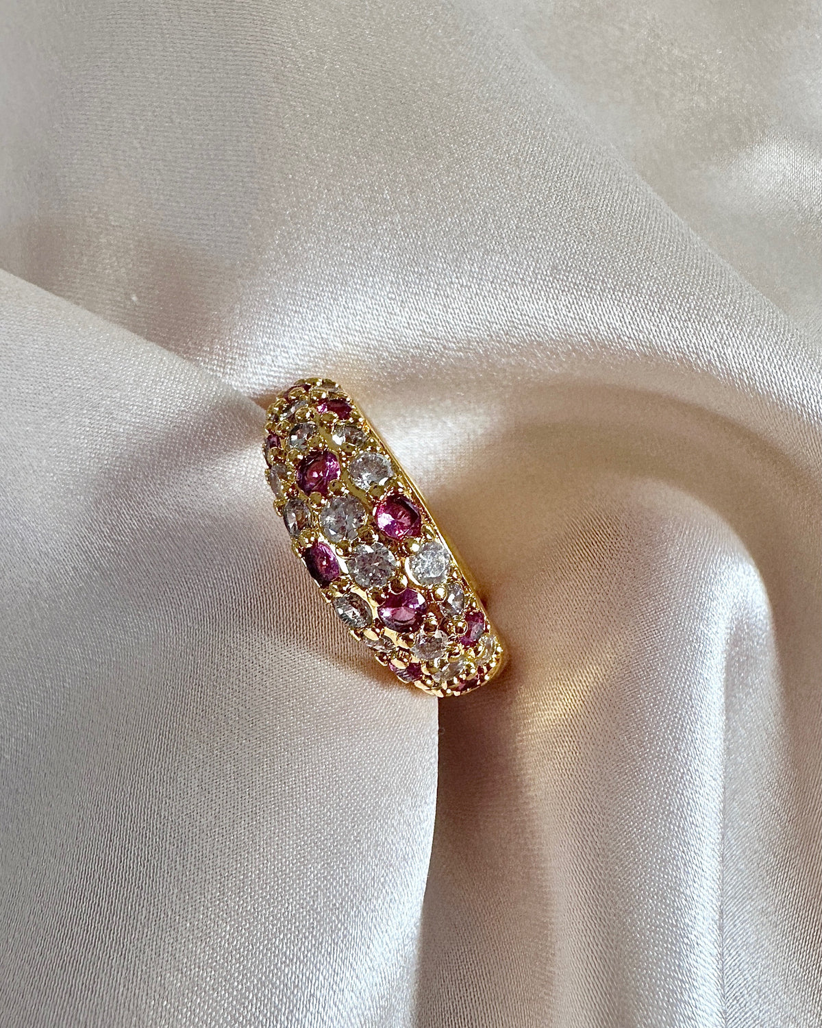Vintage Ruby Diamond Dome Ring | Gold Pavé Bombe Band | Antique Style Cluster Ring