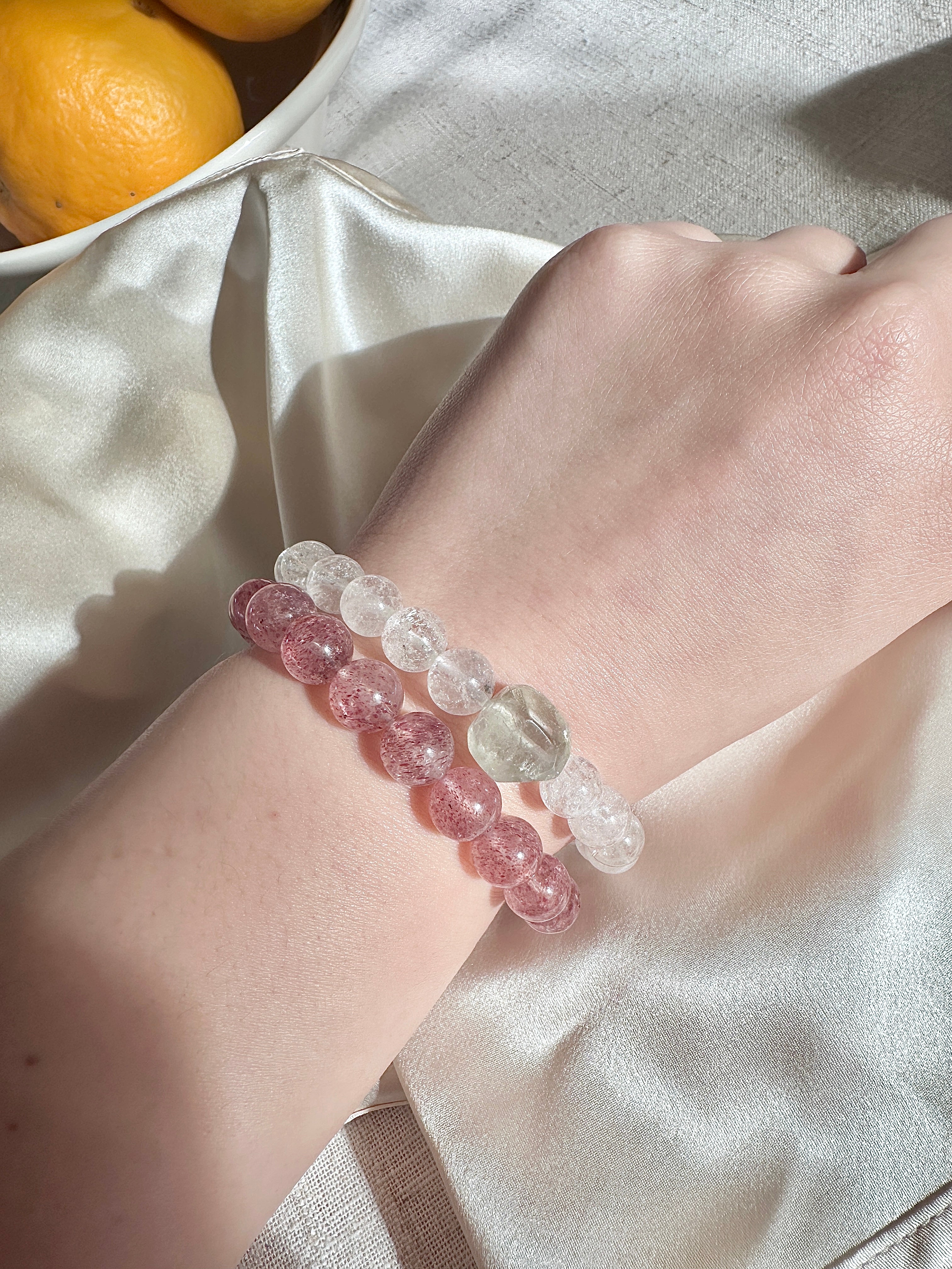 Clear Quartz Bracelet — 10mm with Raw Point & Green Stone Accent