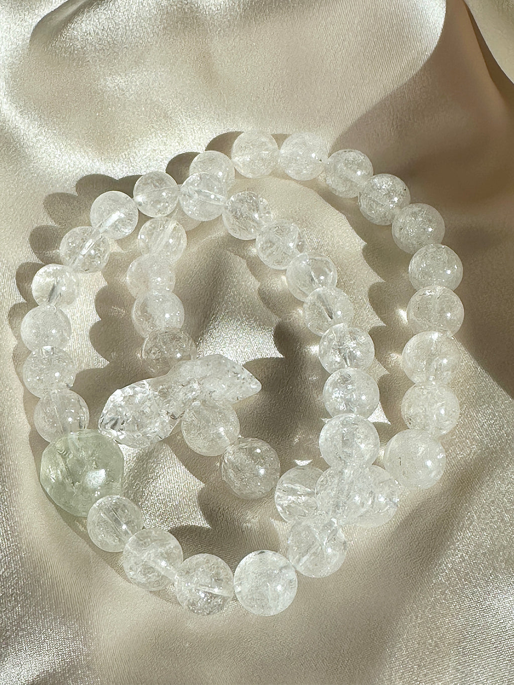 Clear Quartz Bracelet — 10mm with Raw Point & Green Stone Accent