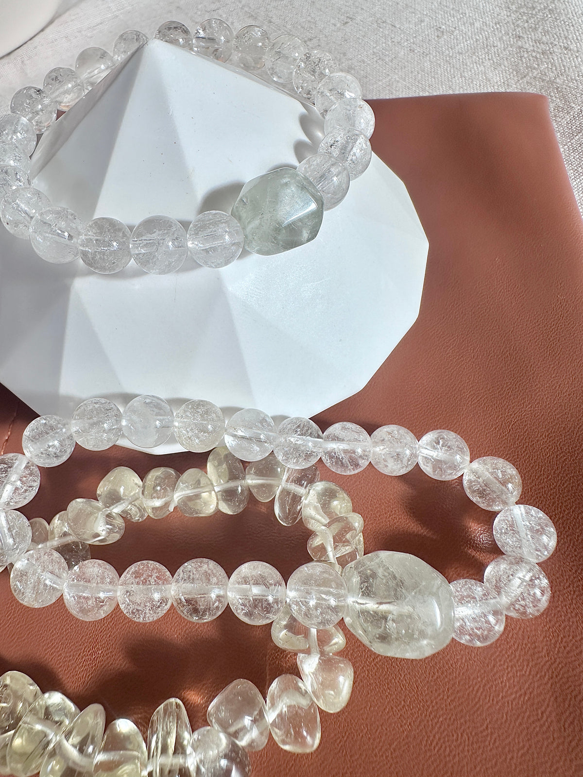 Clear Quartz Bracelet — 10mm with Raw Point & Green Stone Accent