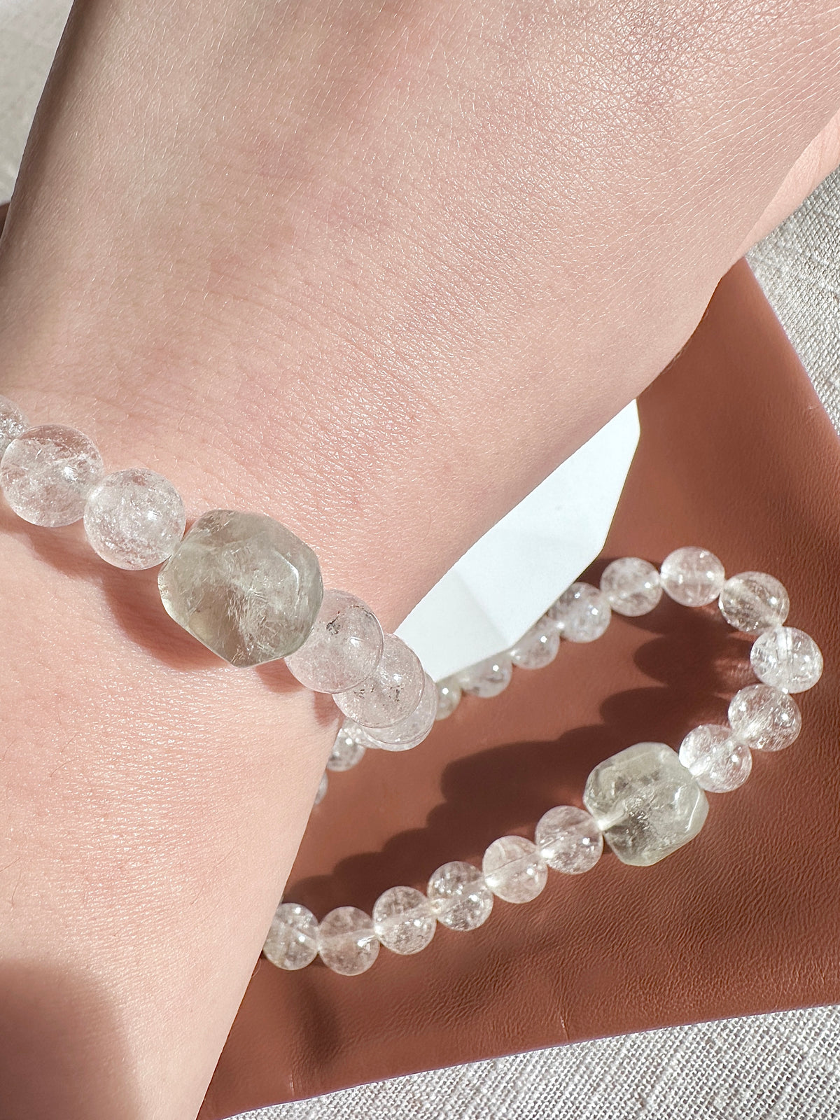 Clear Quartz Bracelet — 10mm with Raw Point & Green Stone Accent