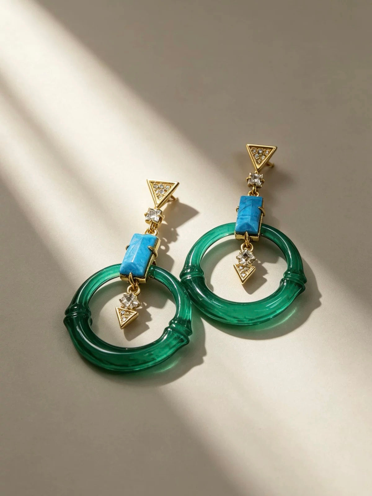Green Bamboo Lucite & Crystal Earrings