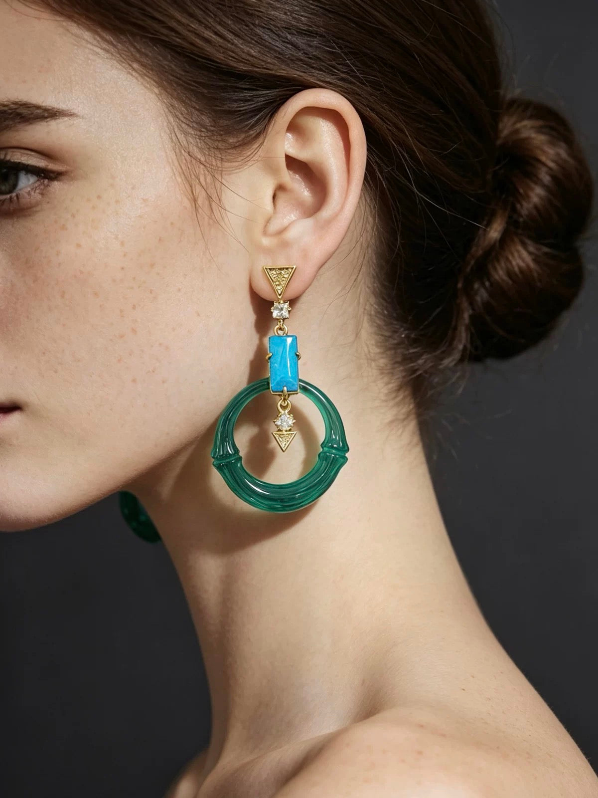 Green Bamboo Lucite & Crystal Earrings