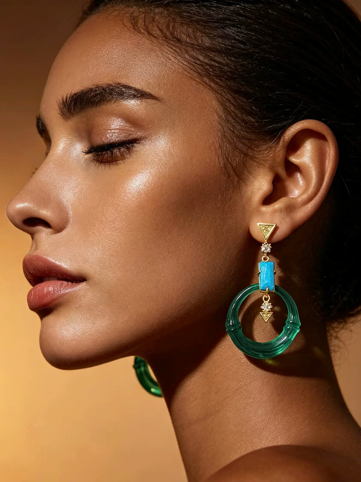 Green Bamboo Lucite & Crystal Earrings