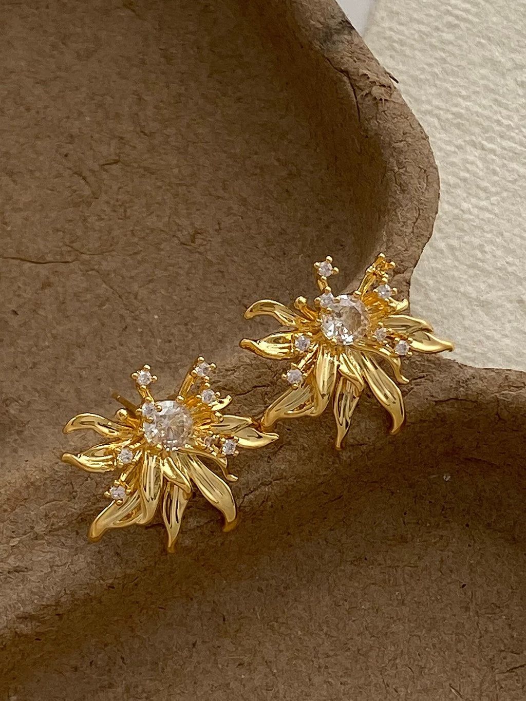 18k gold plated- Sunburst Bloom Studs-Gold Sunburst Flower Stud Earrings with Crystal Center