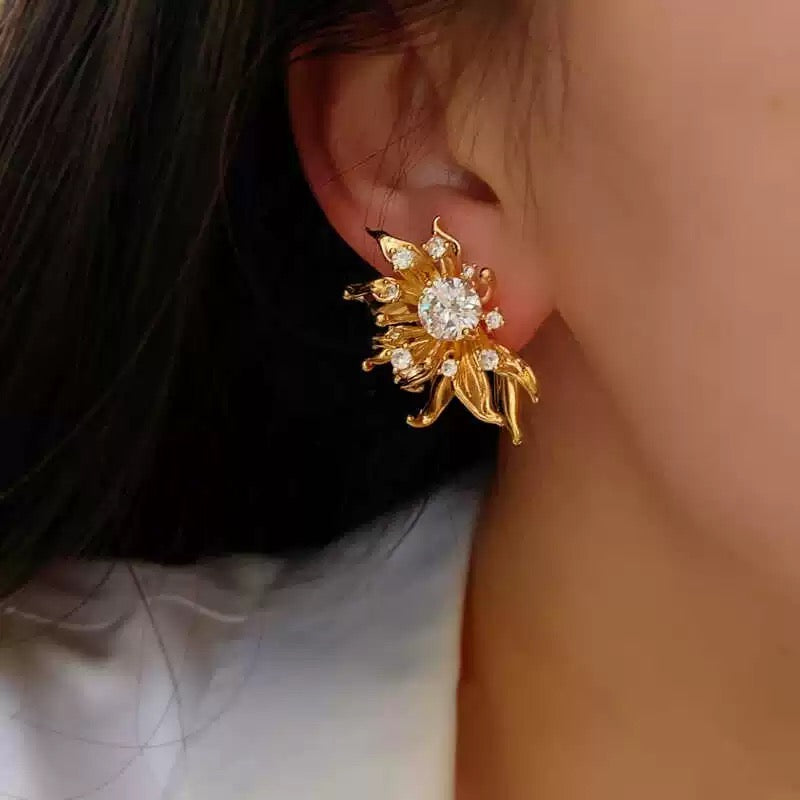 18k gold plated- Sunburst Bloom Studs-Gold Sunburst Flower Stud Earrings with Crystal Center