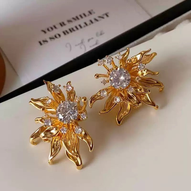 18k gold plated- Sunburst Bloom Studs-Gold Sunburst Flower Stud Earrings with Crystal Center