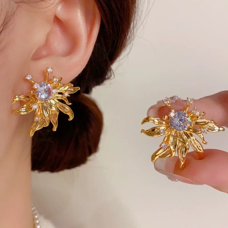 18k gold plated- Sunburst Bloom Studs-Gold Sunburst Flower Stud Earrings with Crystal Center