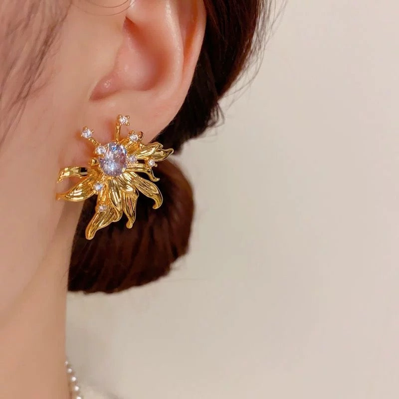 18k gold plated- Sunburst Bloom Studs-Gold Sunburst Flower Stud Earrings with Crystal Center