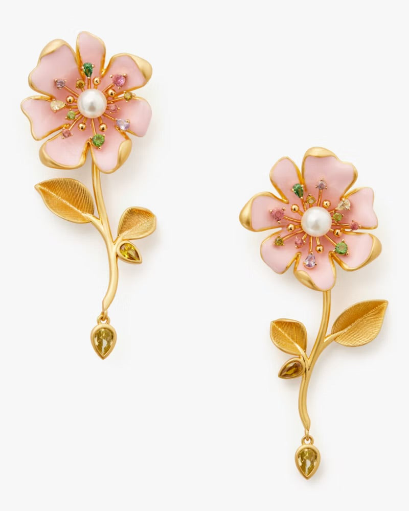 Kate Spade Pink Enamel Flower Earrings Asymmetric Pearl Crystal Gold Statement