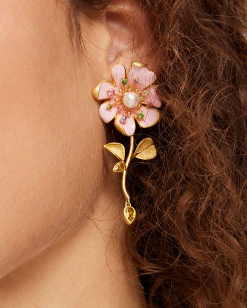 Kate Spade Pink Enamel Flower Earrings Asymmetric Pearl Crystal Gold Statement
