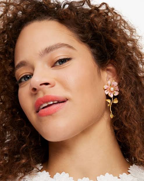 Kate Spade Pink Enamel Flower Earrings Asymmetric Pearl Crystal Gold Statement