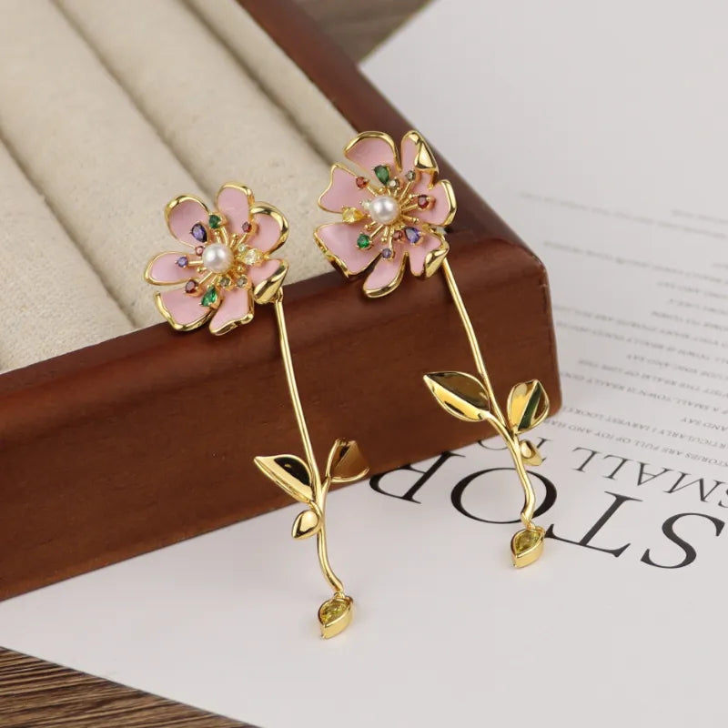 Kate Spade Pink Enamel Flower Earrings Asymmetric Pearl Crystal Gold Statement