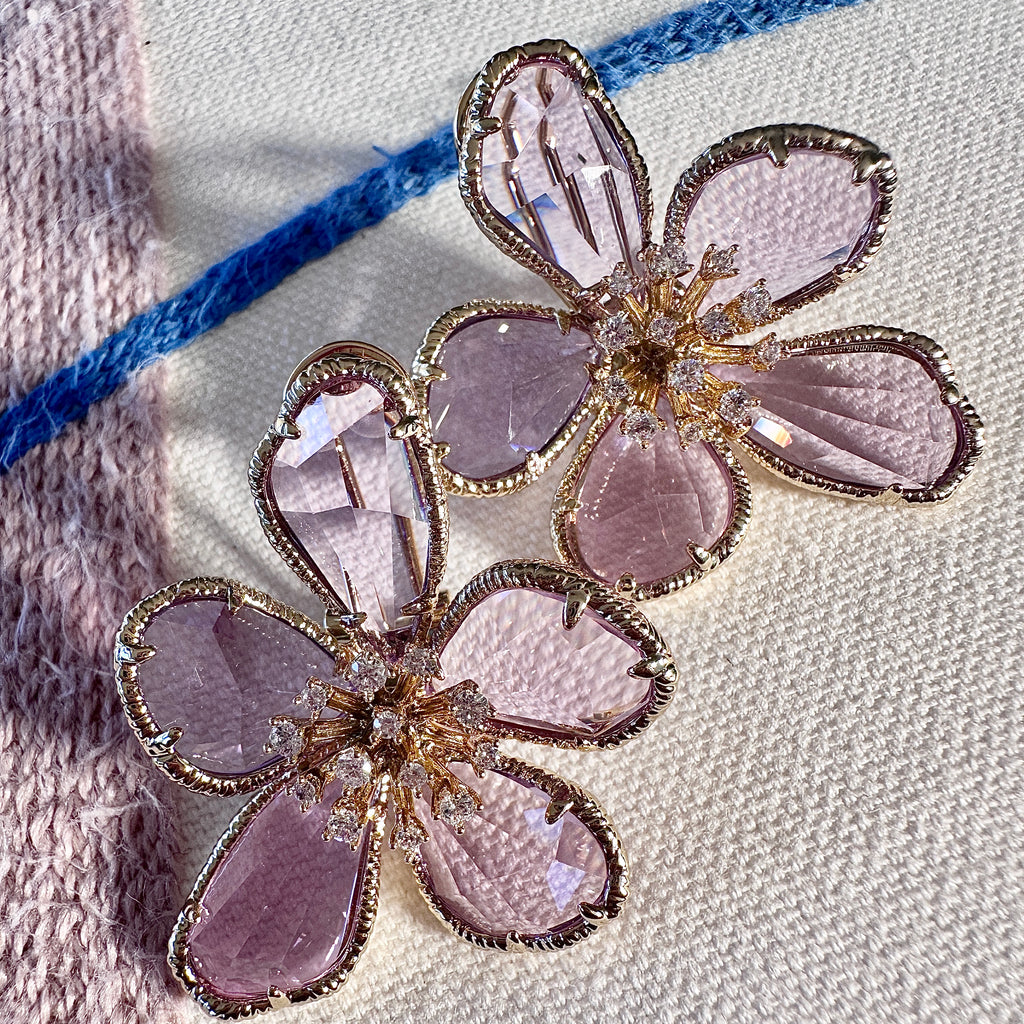 Purple Crystal Flower Statement Earrings | Gold CZ Floral