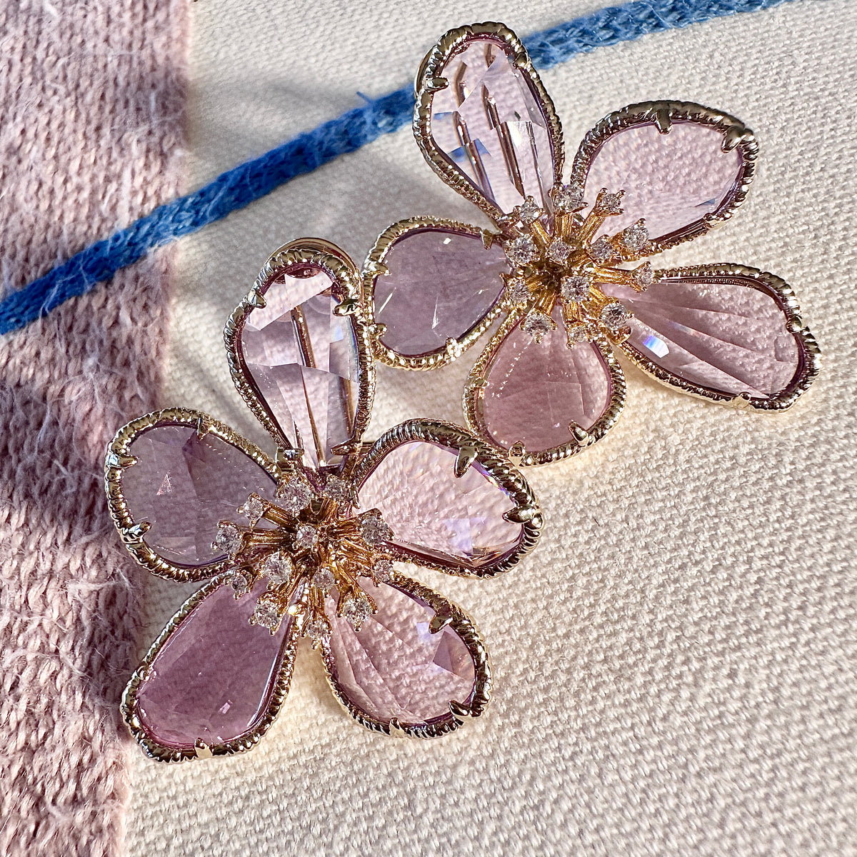 Purple Crystal Flower Statement Earrings | Gold CZ Floral