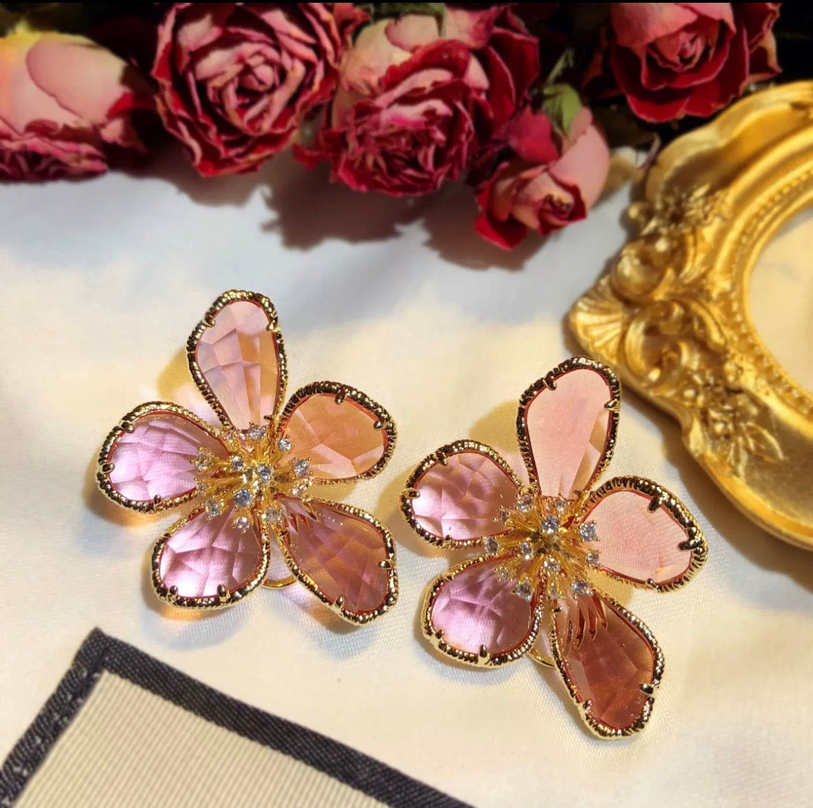 Purple Crystal Flower Statement Earrings | Gold CZ Floral