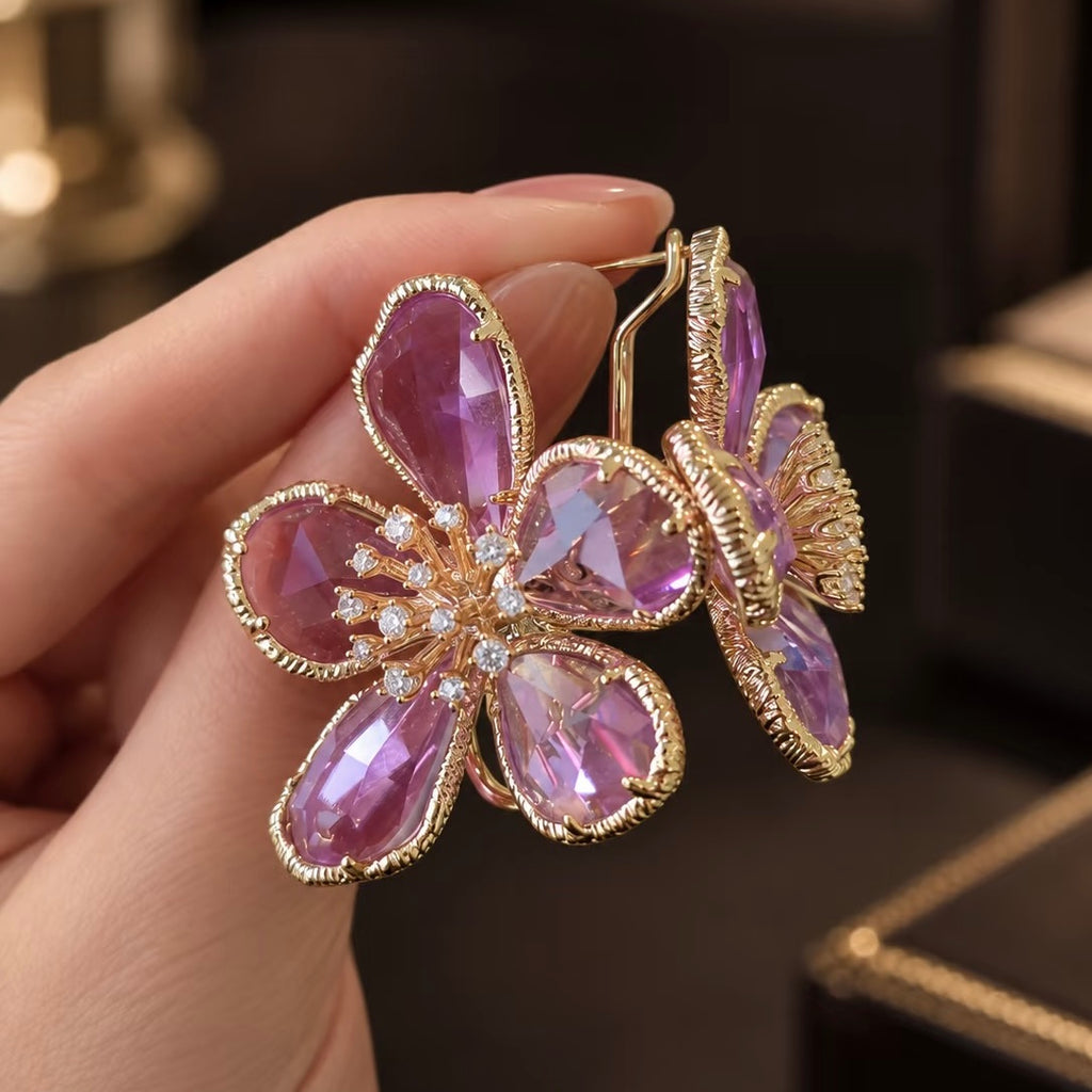 Purple Crystal Flower Statement Earrings | Gold CZ Floral