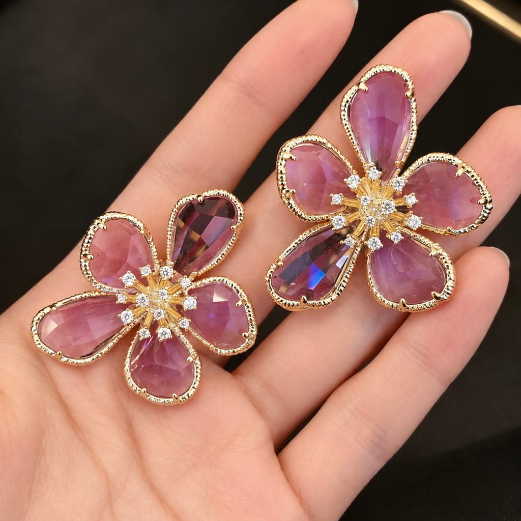 Purple Crystal Flower Statement Earrings | Gold CZ Floral
