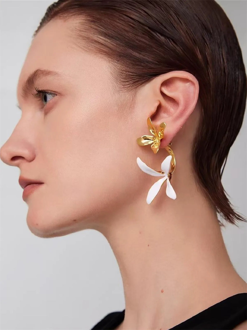 Gold White Enamel Flower Drop Earrings Sculptural Floral Statement Clean Girl