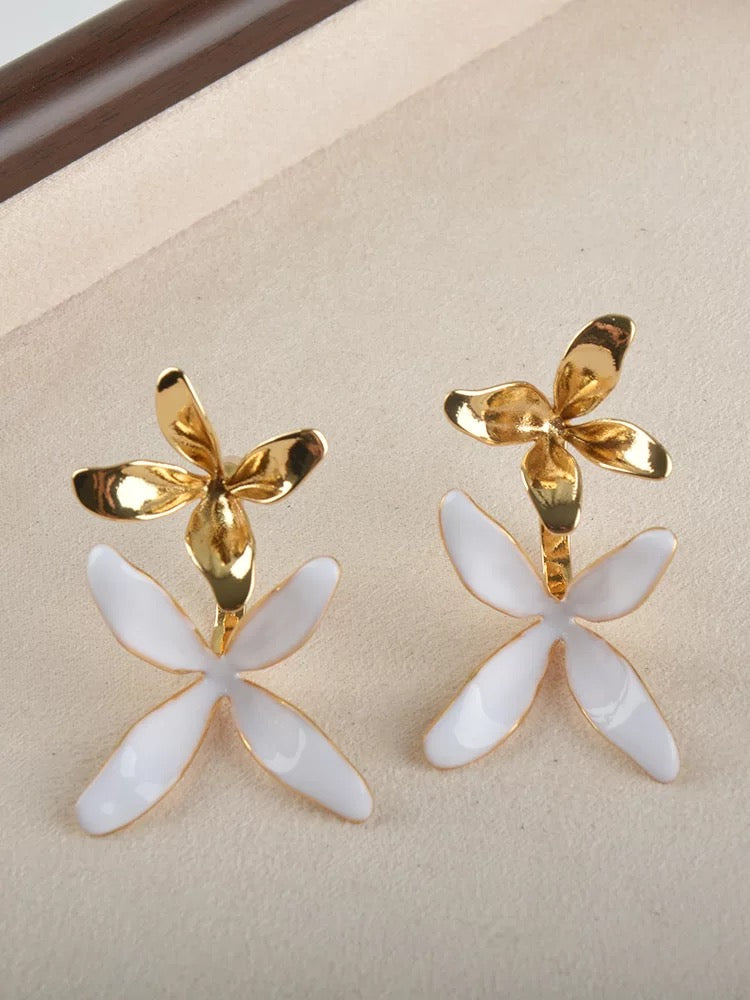 Gold White Enamel Flower Drop Earrings Sculptural Floral Statement Clean Girl