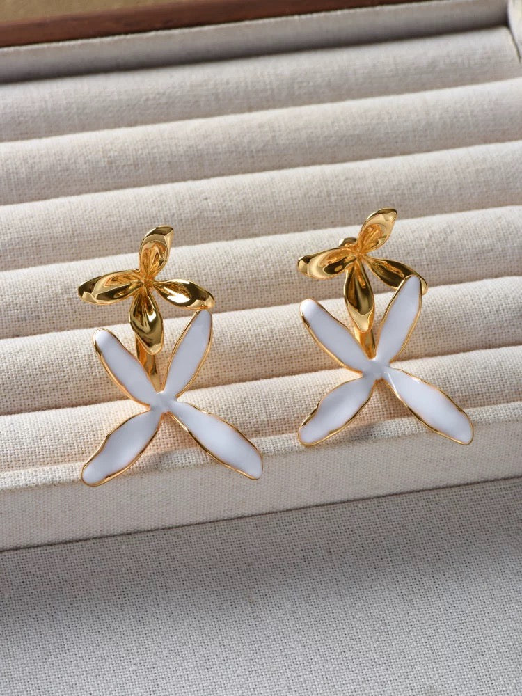 Gold White Enamel Flower Drop Earrings Sculptural Floral Statement Clean Girl