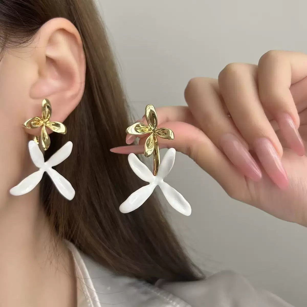 Gold White Enamel Flower Drop Earrings Sculptural Floral Statement Clean Girl