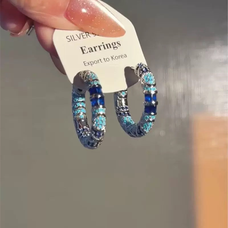 Blue Crystal Pave Hoop Earrings Silver Tone Turquoise Sapphire Color Chunky Hoops