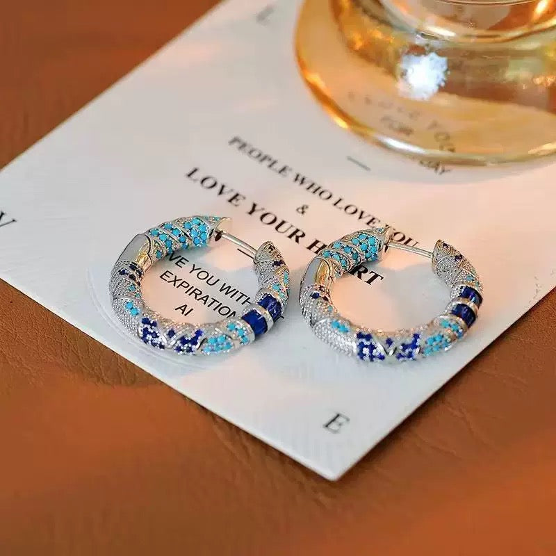 Blue Crystal Pave Hoop Earrings Silver Tone Turquoise Sapphire Color Chunky Hoops