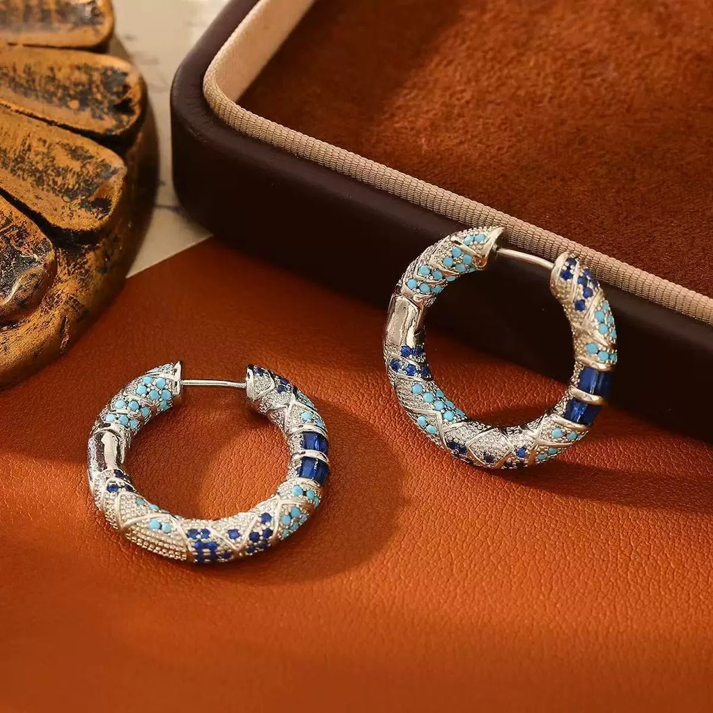 Blue Crystal Pave Hoop Earrings Silver Tone Turquoise Sapphire Color Chunky Hoops