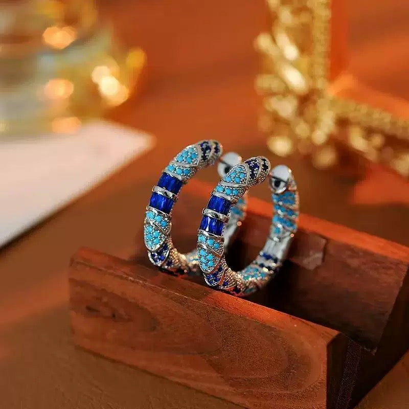 Blue Crystal Pave Hoop Earrings Silver Tone Turquoise Sapphire Color Chunky Hoops