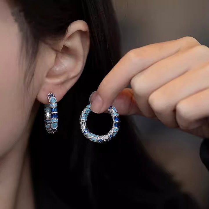 Blue Crystal Pave Hoop Earrings Silver Tone Turquoise Sapphire Color Chunky Hoops