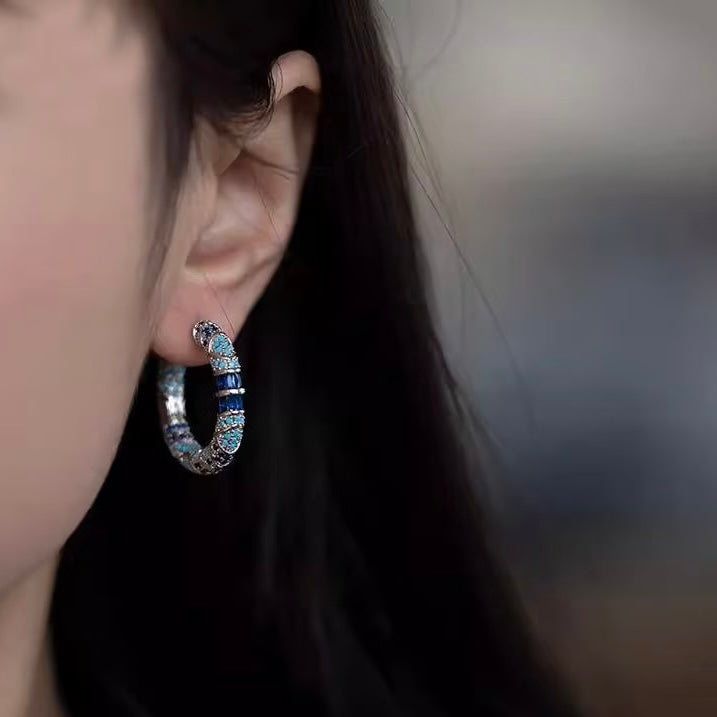 Blue Crystal Pave Hoop Earrings Silver Tone Turquoise Sapphire Color Chunky Hoops