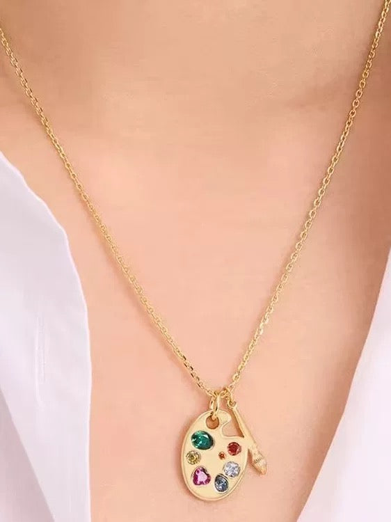 Kate Spade Artist Palette Pendant Necklace Gold Multicolor Crystal Paintbrush